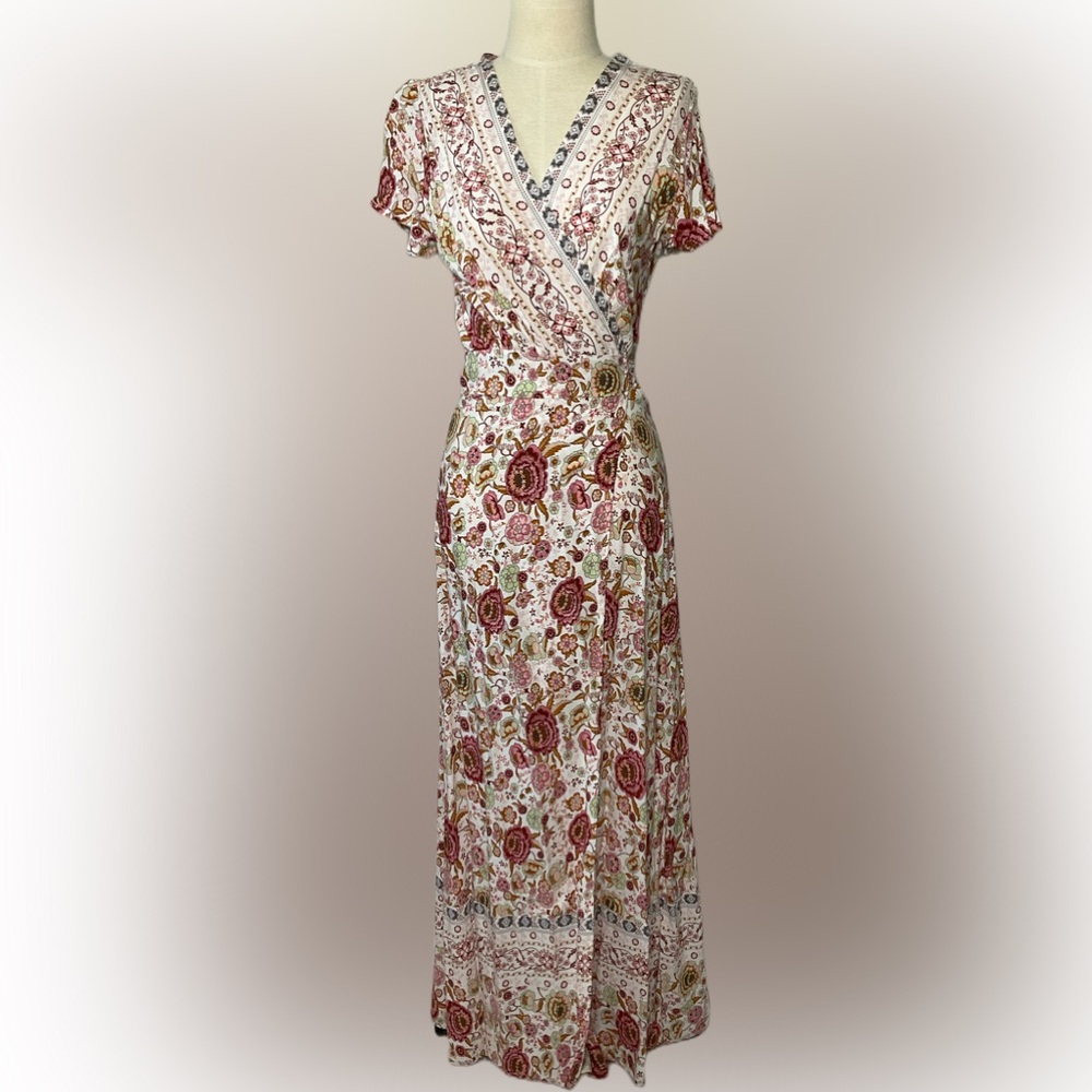 Boho Floral Wrap Dress Short Sleeve V Neck Split Summer Dress